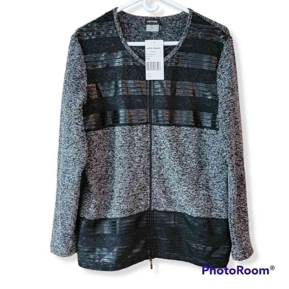 Gerry Weber Knit Faux Leather Black Lace Zip-Up Sweater Jacket NWT